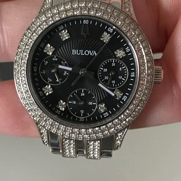 Ladies' Bulova Crystal Accent Watch with Black Dial (Model: 96N110)